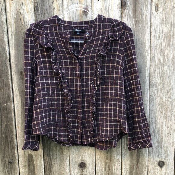 Madewell Purple Windowpane Plaid Ruffle Long Sleeve Top Medium - Picture 3 of 13